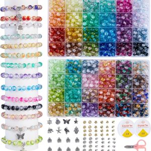 1300PCS 8mm Mixed Crackle Glass Beads for Bracelets Making with Accessories, 48 Colors Crystal Glass Beads Jewelry Making Kit, Round Beads for DIY Bracelet Crafts