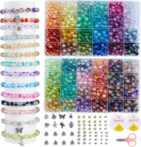 1300PCS 8mm Mixed Crackle Glass Beads for Bracelets Making with Accessories, 48 Colors Crystal Glass Beads Jewelry Making Kit, Round Beads for DIY Bracelet Crafts