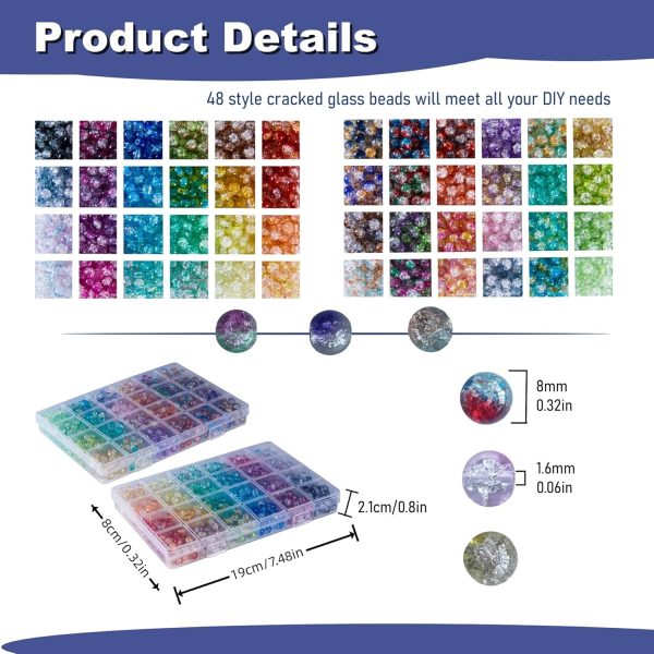 1300PCS 8mm Mixed Crackle Glass Beads for Bracelets Making with Accessories, 48 Colors Crystal Glass Beads Jewelry Making Kit, Round Beads for DIY Bracelet Crafts - Image 2