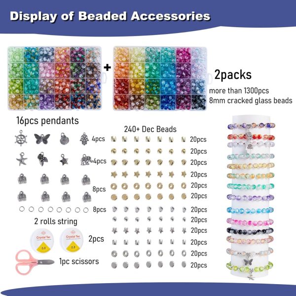 1300PCS 8mm Mixed Crackle Glass Beads for Bracelets Making with Accessories, 48 Colors Crystal Glass Beads Jewelry Making Kit, Round Beads for DIY Bracelet Crafts - Image 3